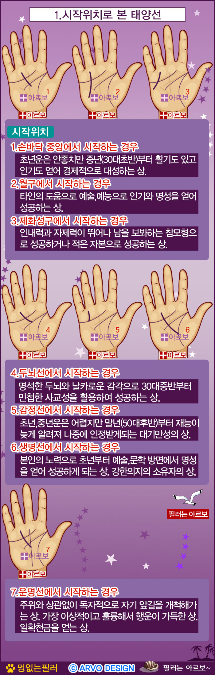 태양선시작위치,태양선손바닥중앙,태양선월구시작,태양선제2화성구,태양선감정선,태양선두뇌선,태양선생명선,태양선운명선